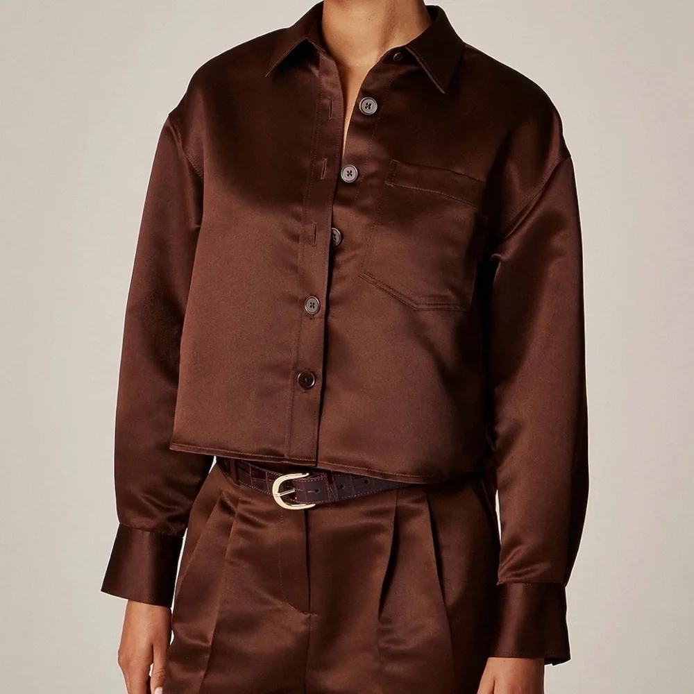 J Crew Etienne French Press Cropped Button Up Shirt in Duchesse Satin